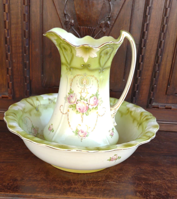 ROSE PAINTED PITCHER AND WASHBOWL