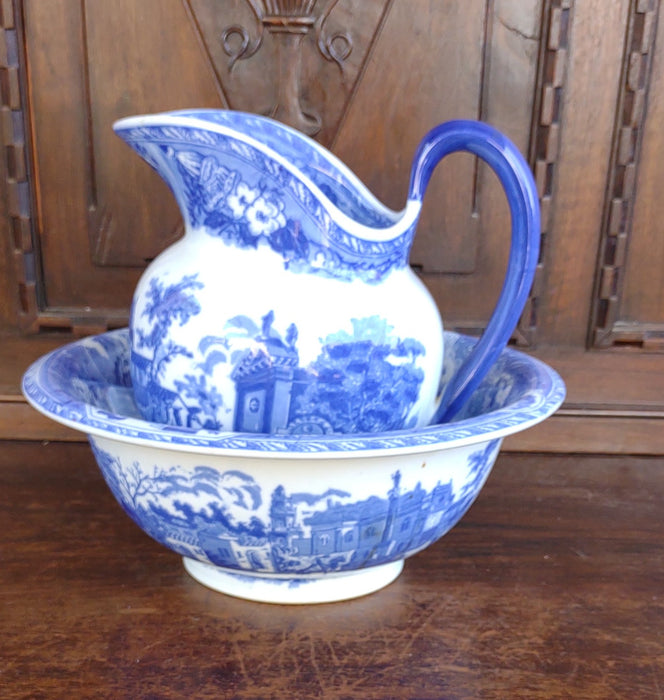 BLUE AND WHITE IRONSTONE WASH BOWL AND PITCHE-NOT OLD