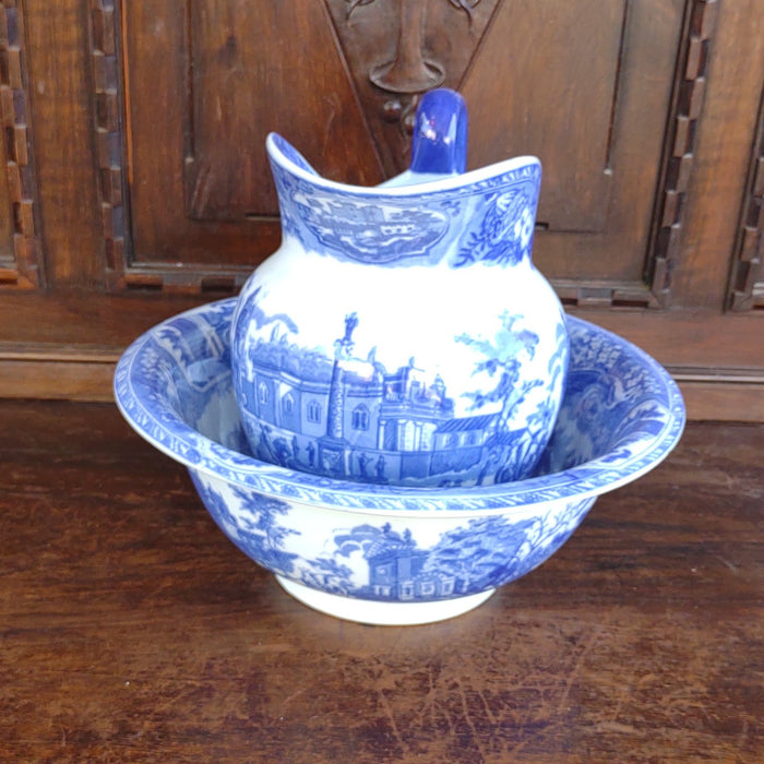 BLUE AND WHITE IRONSTONE WASH BOWL AND PITCHE-NOT OLD