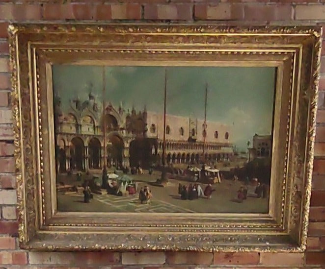 AS FOUND LARGE GILT GESSO AND WOOD ORNATE 19TH CENTURY FRAME WITH VENETIAN PRINT