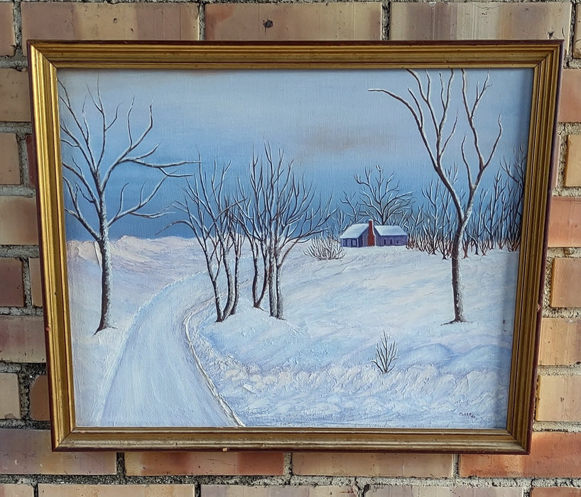 FRAMED SNOWSCAPE WITH BARN 1970 BY M. LEE