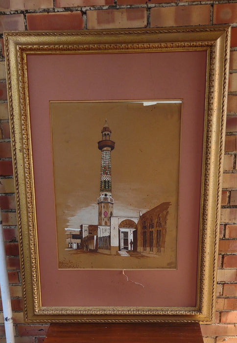 WATER COLOR OF A MIDDLE EASTERN TOWER IN GOLD FRAME-AS FOUND