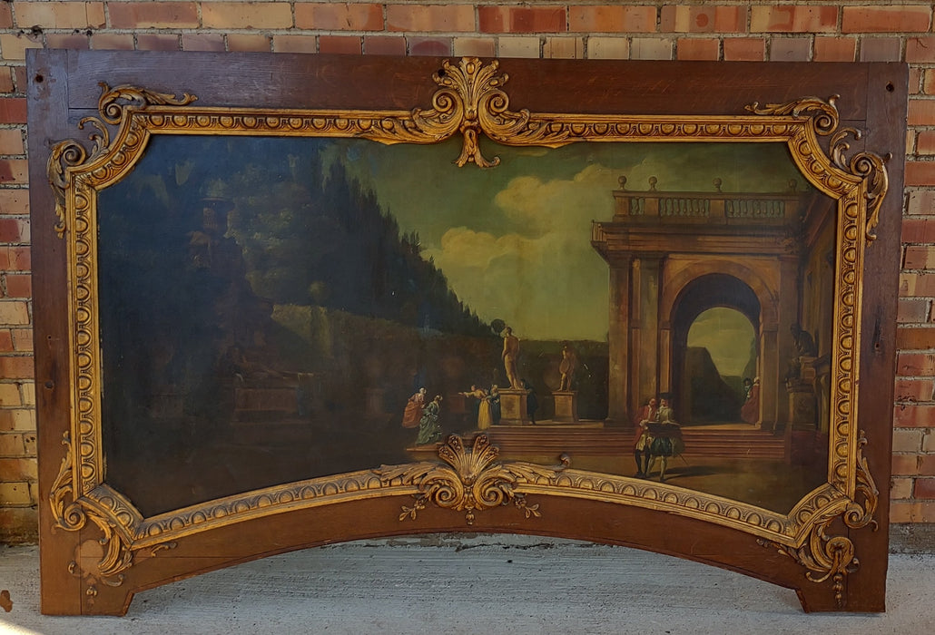 QUARTER SAWN OAK PANEL WITH LANDSCAPE OIL PAINTING FROM A 19TH CENTURY CAROUSEL