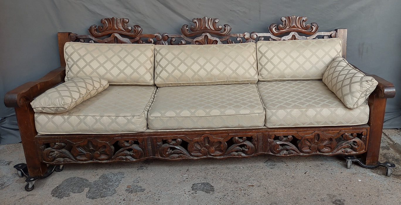 CARVED ARGENTINE PINE SOFA WITH WHITE CUSHIONS