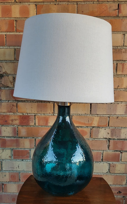 TEAL GLASS BOTTLE LAMP WITH SHADE