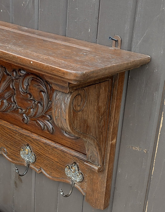 ORNATE SHELL CARVED OAK WALL SHELF