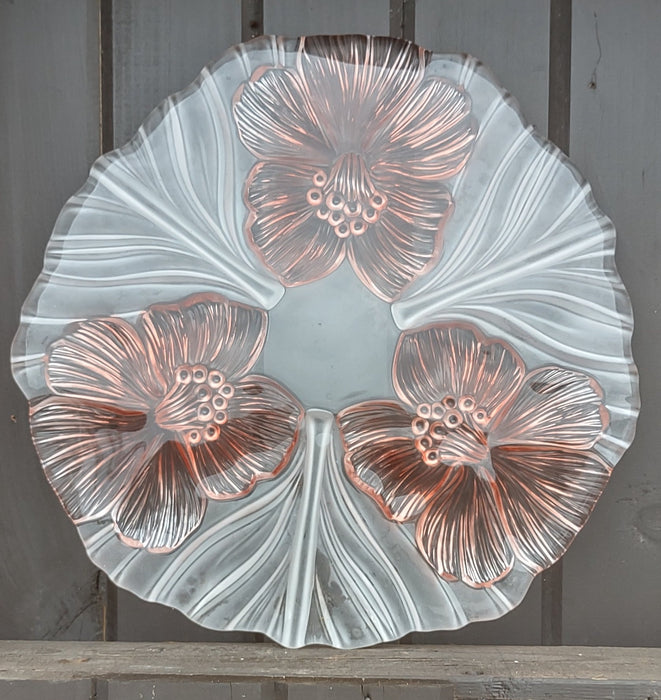 ROUND CLEAR AND PINK HIBISCUS GLASS TRAY