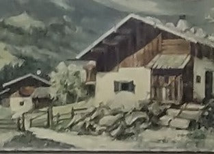 UNFRAMED GERMAN ALPS LANDSCAPE PAINTING WITH HOUSES SIGNED 1973