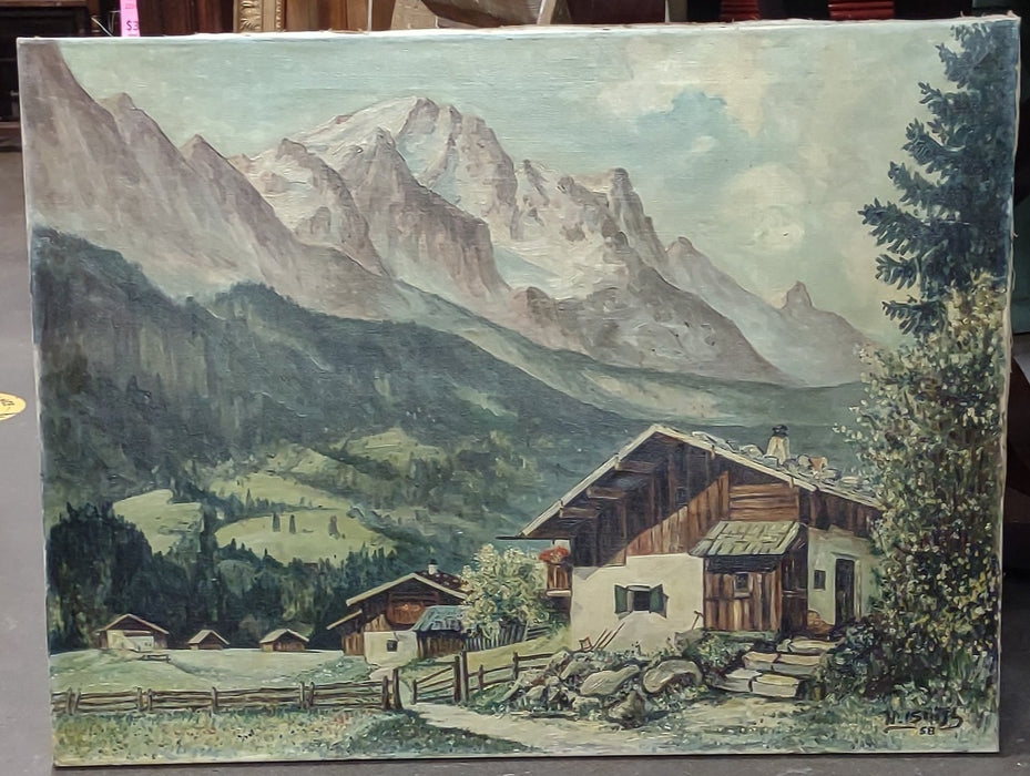 UNFRAMED GERMAN ALPS LANDSCAPE PAINTING WITH HOUSES SIGNED 1973