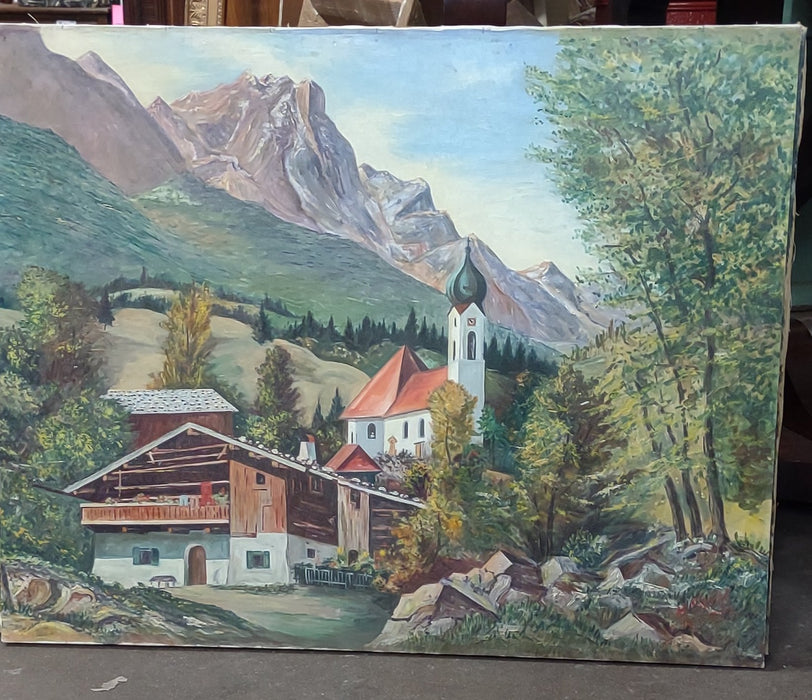 UNFRAMED GERMAN ALPS LANDSCAPE  PAINTING WITH CHURCH SIGNED  1958