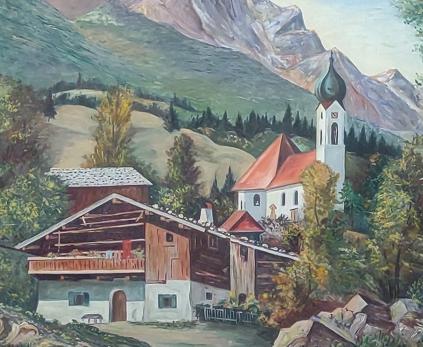 UNFRAMED GERMAN ALPS LANDSCAPE  PAINTING WITH CHURCH SIGNED  1958