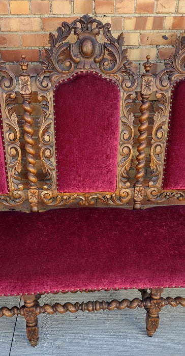 LARGE FRENCH BARLEY TWIST SETTEE WITH RED UOHOLSTERY