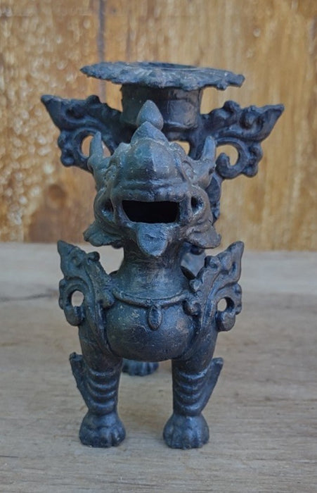 SMALL BRONZE FOO DOG CANDLE STAND