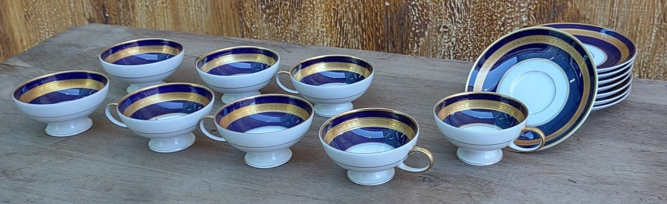 SET OF 8 ROSENTHAL BLUE AND GOLD DEMITASSE CUPS AND SAUCERS