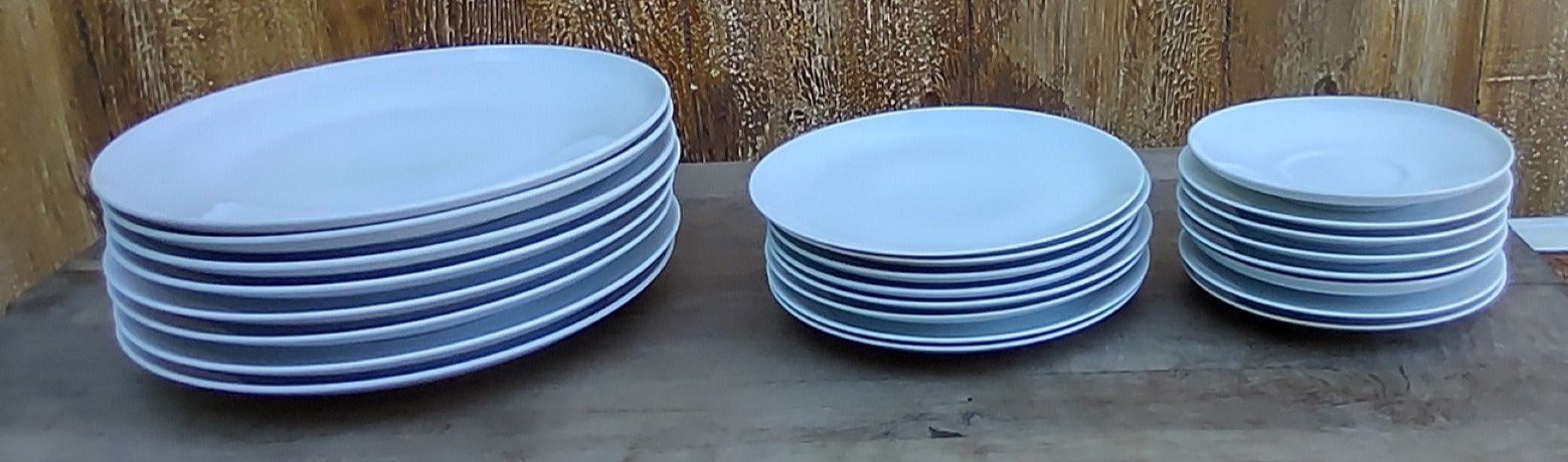 SET OF 8 CONTINENTAL CHINA WHITE SALAD PLATES, 8 DINNER PLATES AND 8 SAUCERS