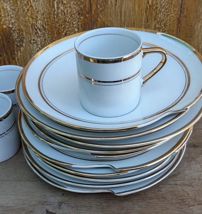 9 WHITE WTH GOLD BORDER SNACK PLATES WITH CUPS BY PORCELAIN EMPIRE