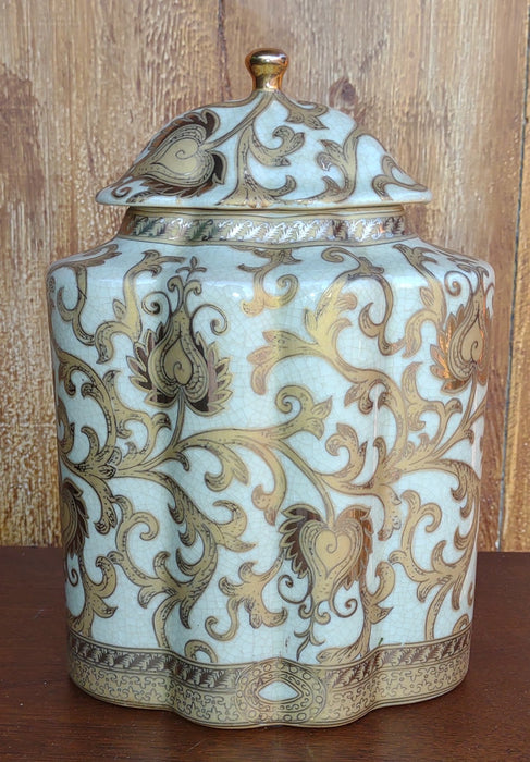 DECORATIVE TALL ECRU PORCELAIN  BOX WITH LID AND GOLD FINISH