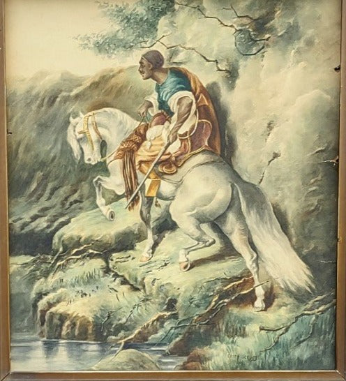 WATER COLOR PAINTING OF A SWARTHY MAN ON A HORSE