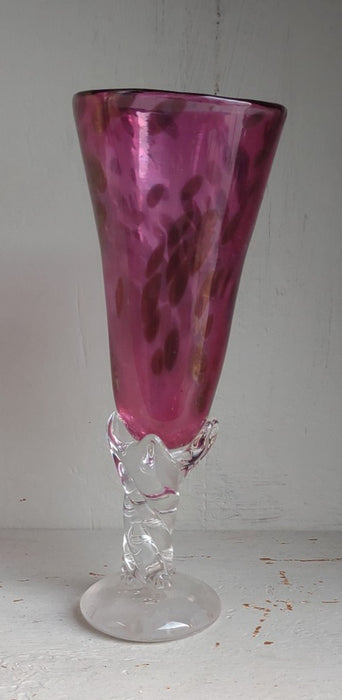 HAND BLOWN CLEAR GLASS BASE WITH APPLIED PURPLE VASE