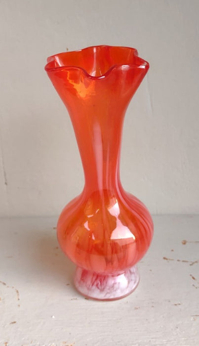 SMALL BULBOUS BASE ORANGE ART GLASS VASE- MADE IN JAPAN