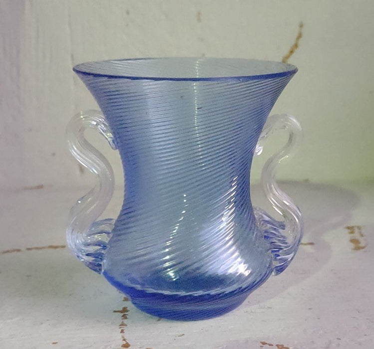 SMALL BLUE VASE WITH APPLIED CLEAR GLASS HANDLES