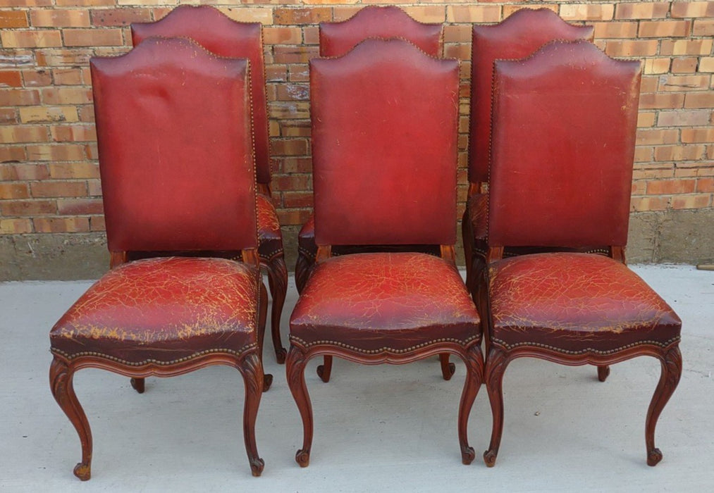 SET OF 6 LOUIS CHERRY LEATHER UPHOLSTERED CHAIRS