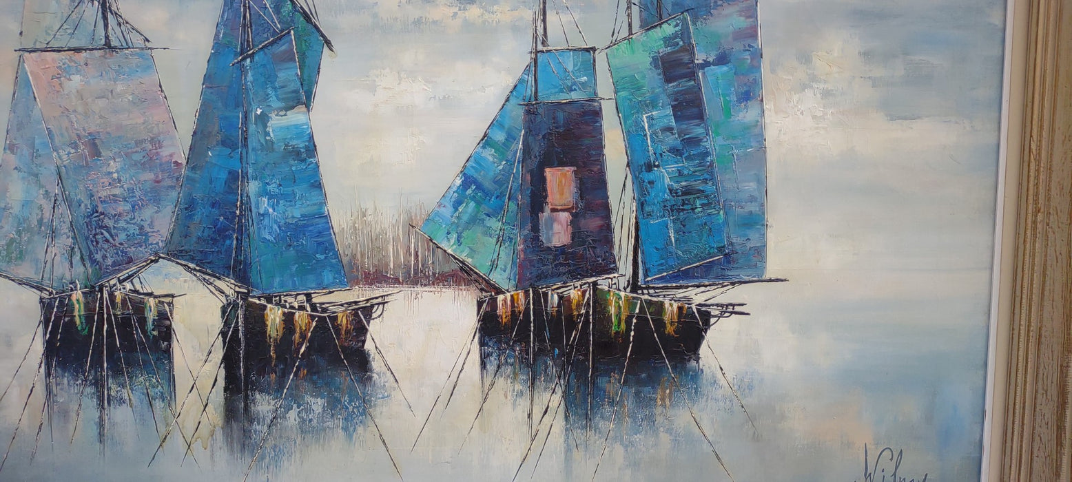 LARGE IMPRESSIONIST OIL PAINTING OF  BLUE SAIL BOATS-SIGNED PIERRE WILNAY
