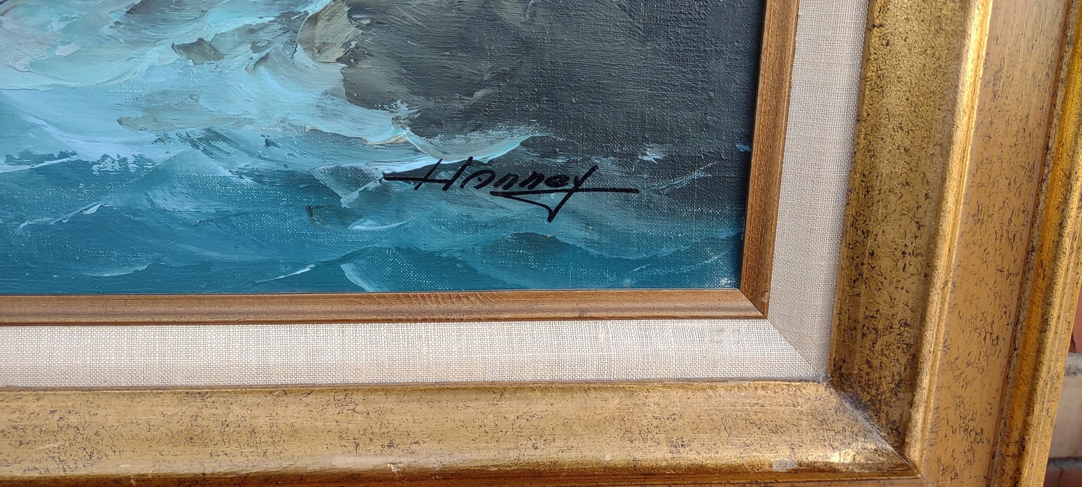 LARGE SEASCAPE OIL PAINTING ON CANVAS SIGNED HANNEY