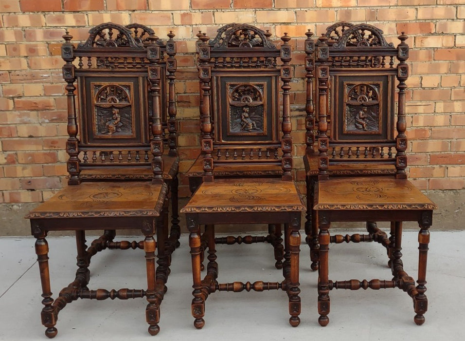 SET OF 6 BRITTIANY CARVED FIGURAL OAK DINING CHAIRS