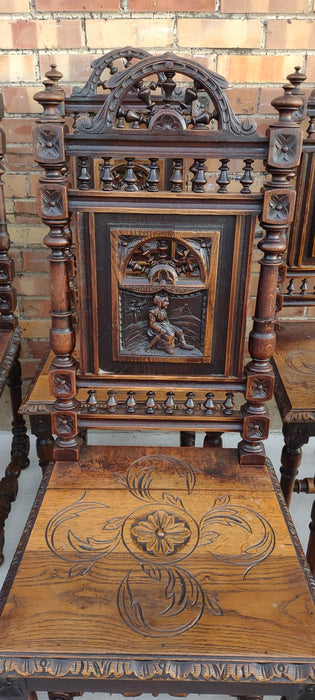 SET OF 6 BRITTIANY CARVED FIGURAL OAK DINING CHAIRS