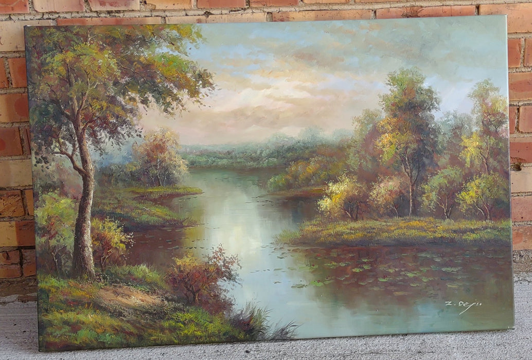 UNFRAMED LAMDSCAPE OIL PAINTING WITH TREES AND LAKE