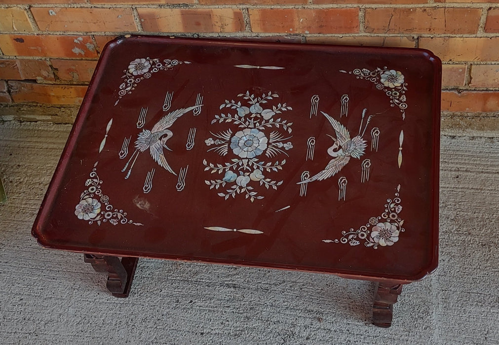 RED CHINESE TRAY WITH SWAN INLAY AND FOLDIND LEGS