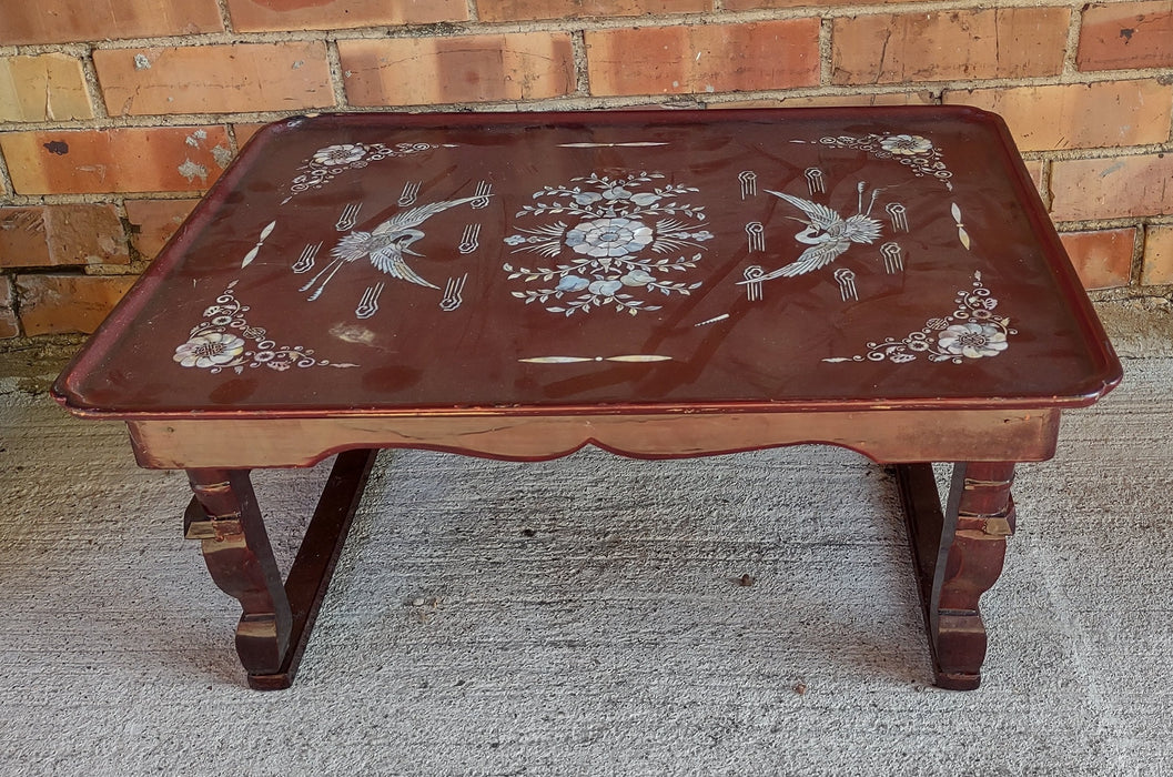RED CHINESE TRAY WITH SWAN INLAY AND FOLDIND LEGS