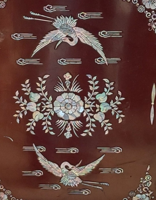 RED CHINESE TRAY WITH SWAN INLAY AND FOLDIND LEGS