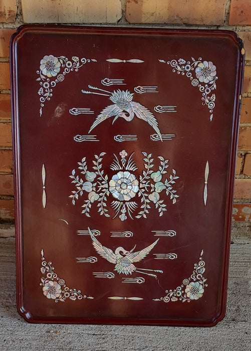 RED CHINESE TRAY WITH SWAN INLAY AND FOLDIND LEGS