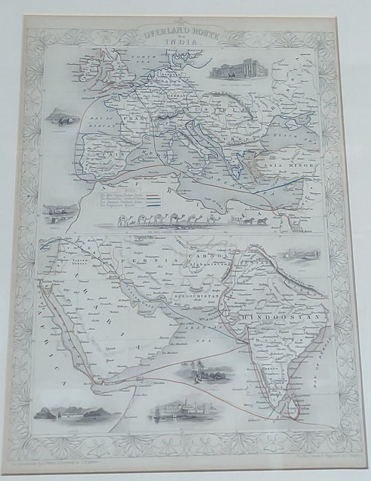 FRAMED AND ILLUSTRATED MAP OF OVERLAND ROUTE TO INDIA