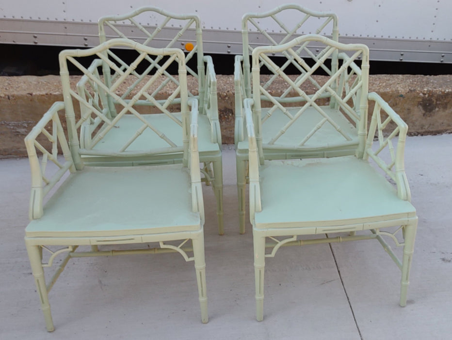SET OF 4 GREEN PAINTED BAMBOO ARM CHAIRS