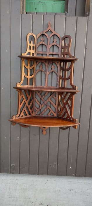 ORNATE MAHOGANY FRETWORK 3 TIER HANGING SHELF