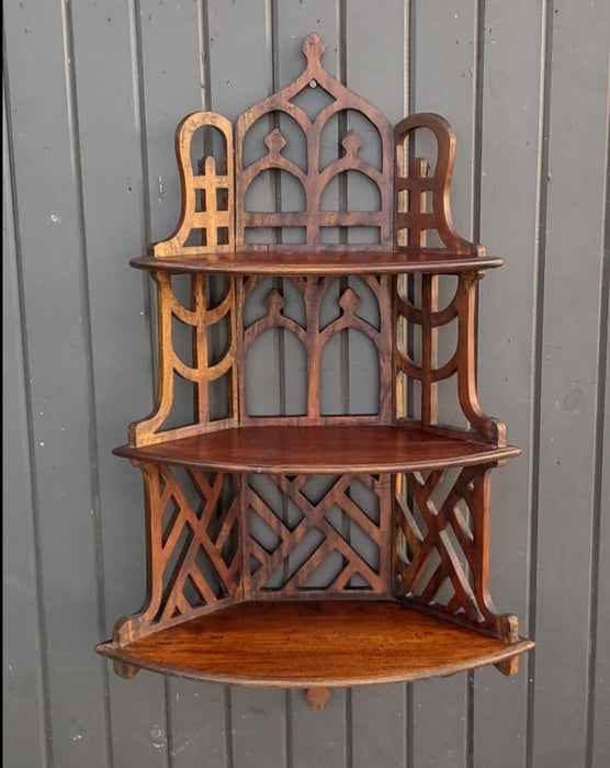 ORNATE MAHOGANY FRETWORK 3 TIER HANGING SHELF