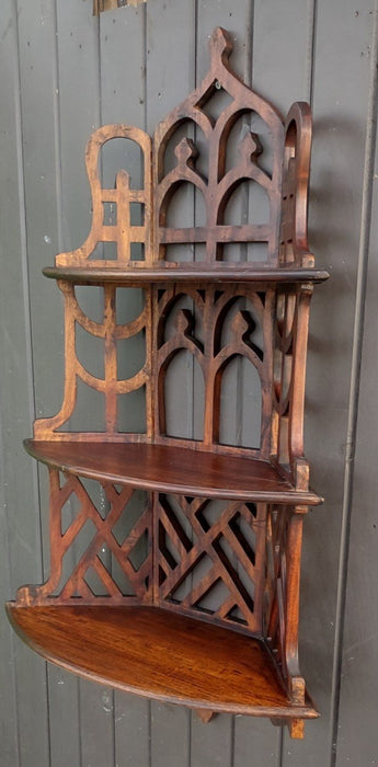 ORNATE MAHOGANY FRETWORK 3 TIER HANGING SHELF