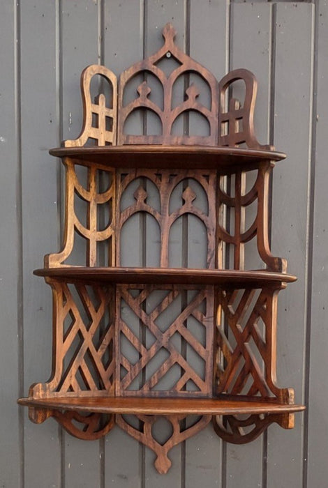 ORNATE MAHOGANY FRETWORK 3 TIER HANGING SHELF