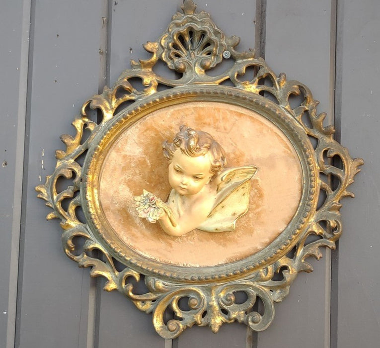 BRASS AND CERAMC CHERUB WALL PLAQUE