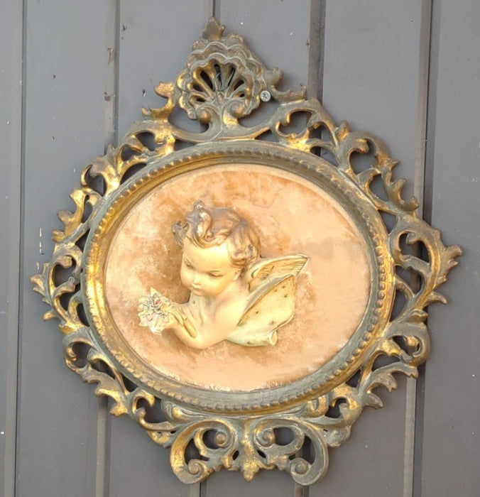 BRASS AND CERAMC CHERUB WALL PLAQUE