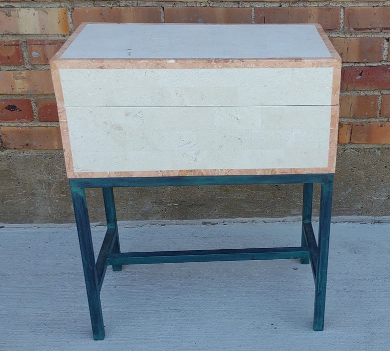 MARBLE CLAD CHERRY CHEST ON STEEL STAND