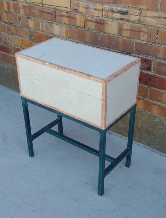 MARBLE CLAD CHERRY CHEST ON STEEL STAND