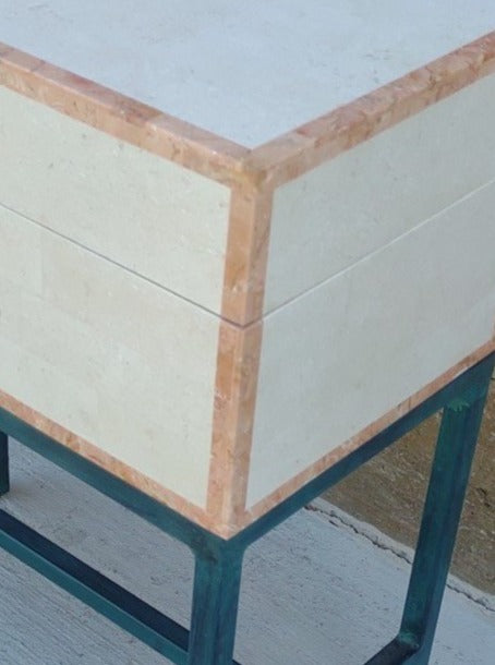 MARBLE CLAD CHERRY CHEST ON STEEL STAND