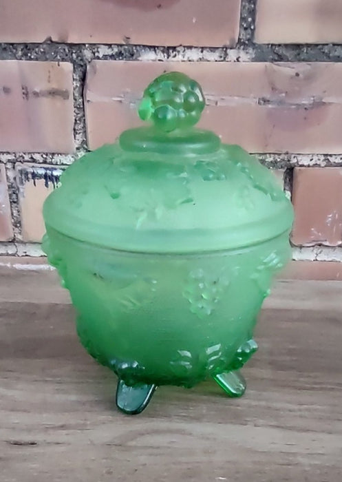 FOOTED GREEN DEPRESSON GLASS JAR WITH LID