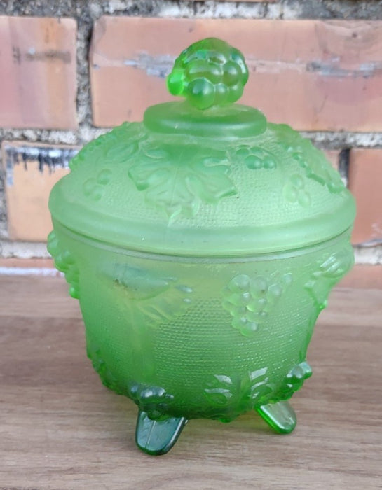 FOOTED GREEN DEPRESSON GLASS JAR WITH LID