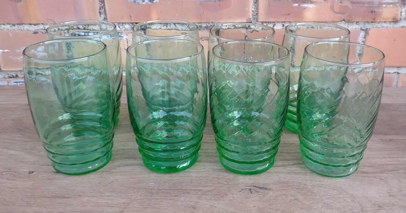 SET OF 8 GREEN DEPRESSION GLASS TUMBLERS