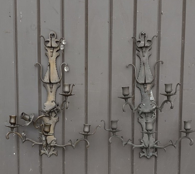 PAIR OF TALL BRASS  5 LIGHT CANDLE SCONCES AS FOUND